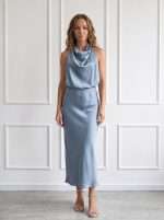 Abito lungo elegante donna Sandro Ferrone azzurro polvere