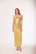 Abito elegante donna Siste's oro laminato con scollo a fascia