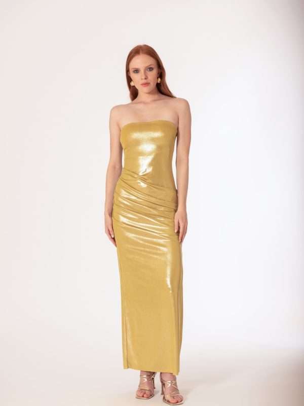 Abito elegante donna Siste's oro laminato con scollo a fascia