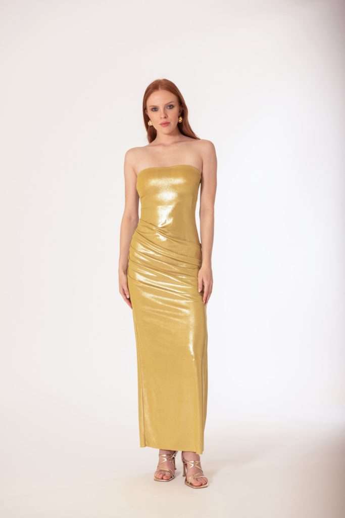 Abito elegante donna Siste's oro laminato con scollo a fascia