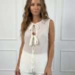 Camicia elegante da donna Sandro Ferrone smanicata ecrù con doppio fiocco