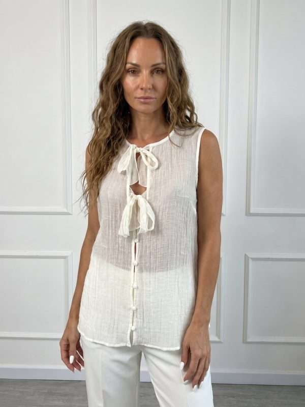 Camicia elegante da donna Sandro Ferrone smanicata ecrù con doppio fiocco
