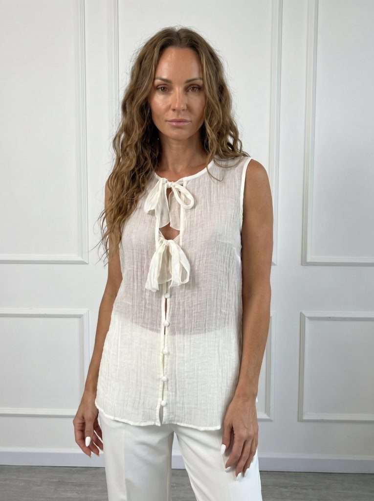 Camicia elegante da donna Sandro Ferrone smanicata ecrù con doppio fiocco