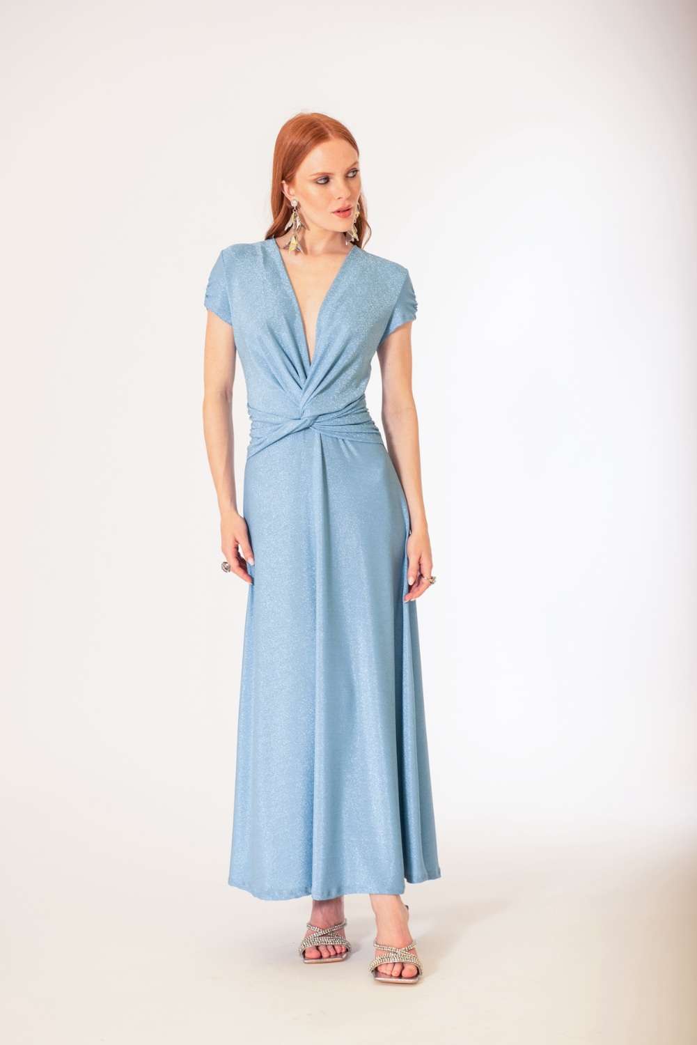 Abito Elegante Donna Siste's Lurex Azzurro Abito elegante donna Siste's in lurex azzurro con scollo a V