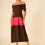 Abito elegante donna Siste's marrone con scollo bardot e inserto multicolor