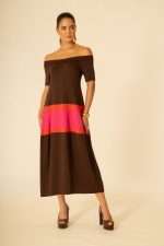 Abito elegante donna Siste's marrone con scollo bardot e inserto multicolor