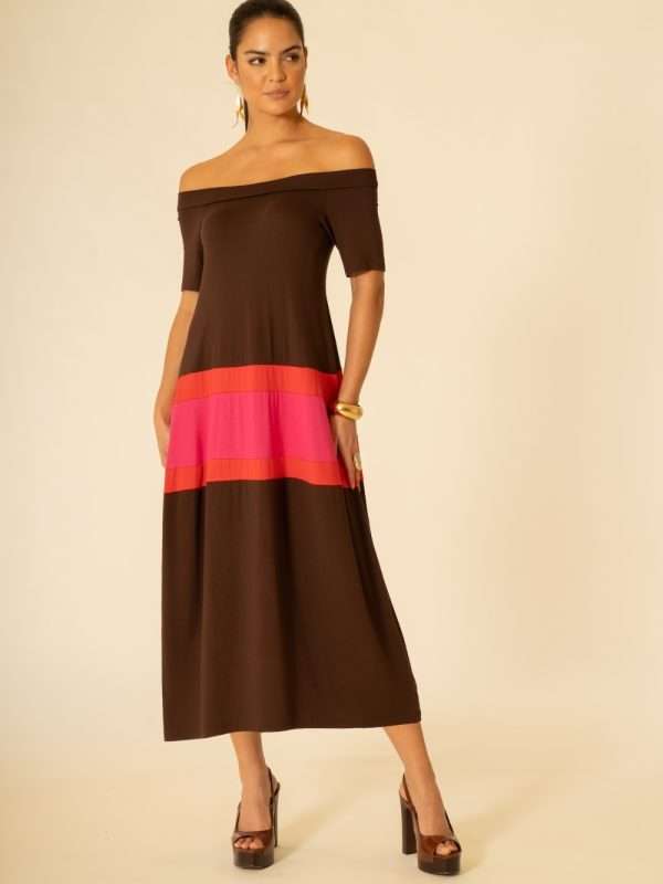 Abito elegante donna Siste's marrone con scollo bardot e inserto multicolor