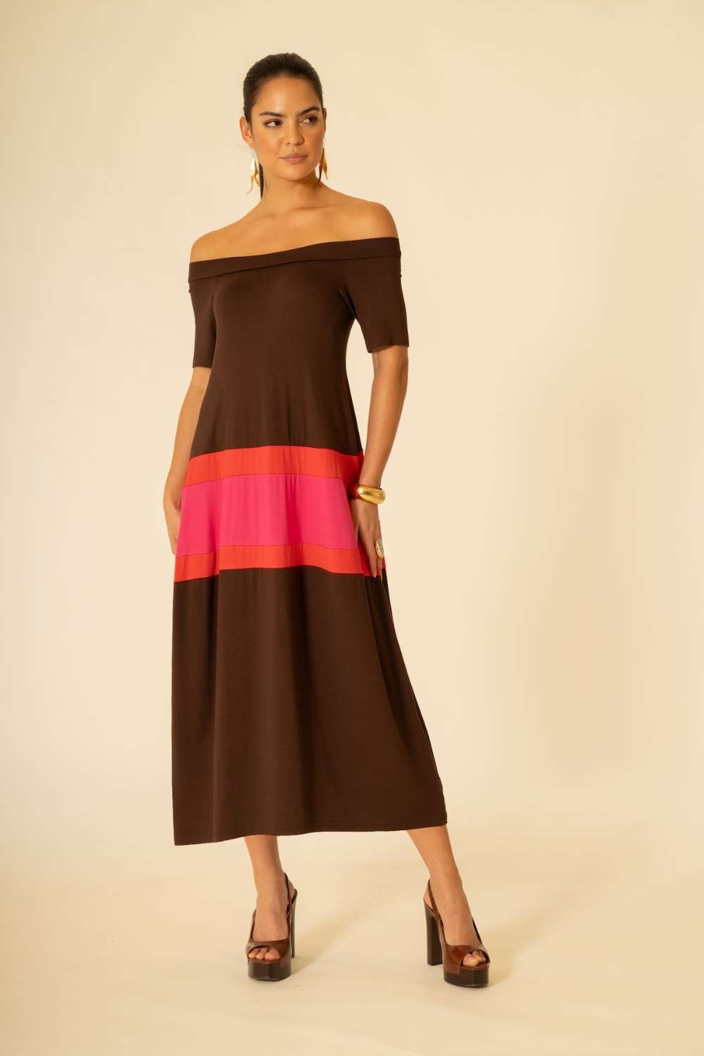 Abito Elegante Donna Siste's Bardot Multicolor Abito elegante donna Siste's marrone con scollo bardot e inserto multicolor