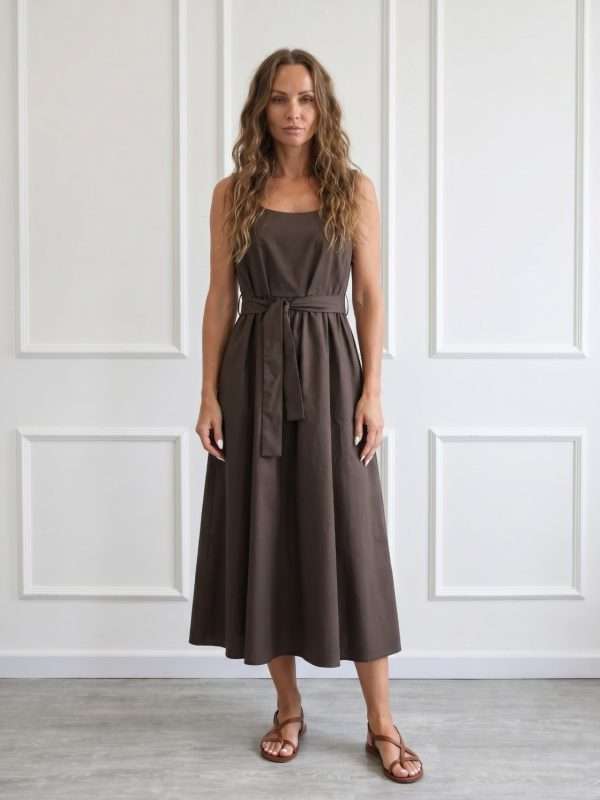Abito elegante da donna Susy Mix midi con cintura in vita marrone