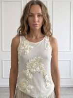 Top elegante da donna Antonello Serio con ricami floreali tridimensionali color avorio