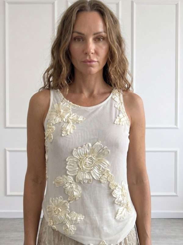 Top elegante da donna Antonello Serio con ricami floreali tridimensionali color avorio