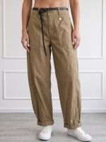 Pantalone elegante da donna Susy Mix color cammello con cintura a contrasto