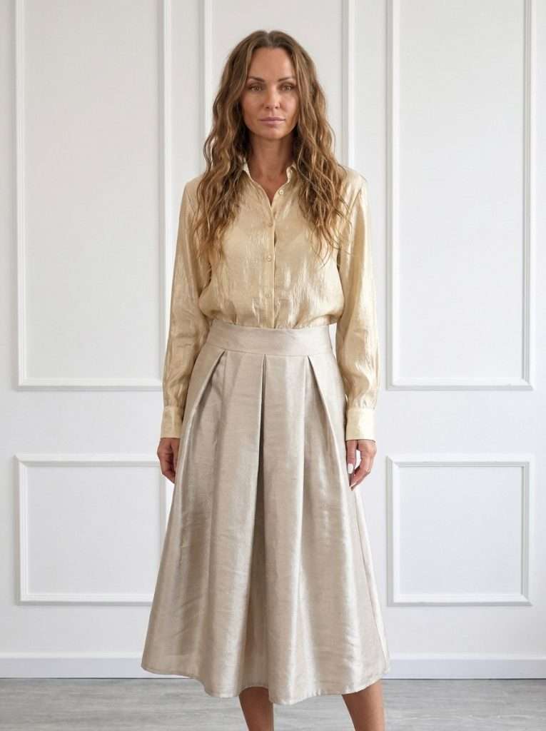 Gonna elegante midi da donna Antonello Serio color beige con pieghe frontali