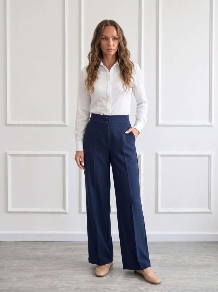 Pantalone palazzo elegante da donna Maryley blu navy a vita alta