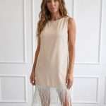 Abito elegante da donna Operà Fashion Cady Frange color panna con fondo sfrangiato