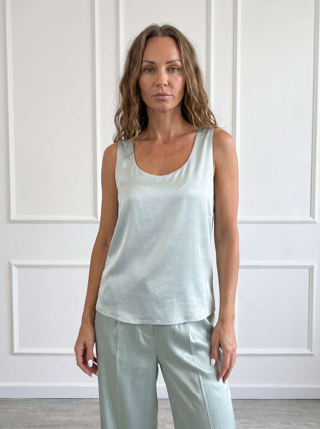 Top Elegante Donna in Raso Stretch Operà Fashion Top elegante da donna Operà Fashion in raso stretch azzurro chiaro