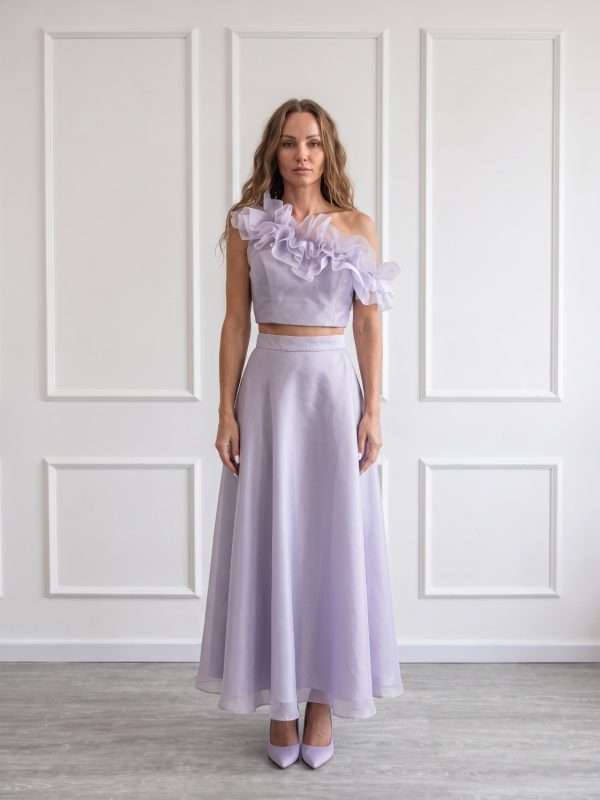 Completo elegante lilla da donna Le Preziose con top monospalla e gonna lunga