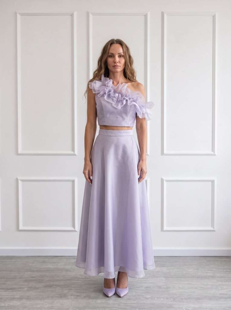 Completo elegante lilla da donna Le Preziose con top monospalla e gonna lunga